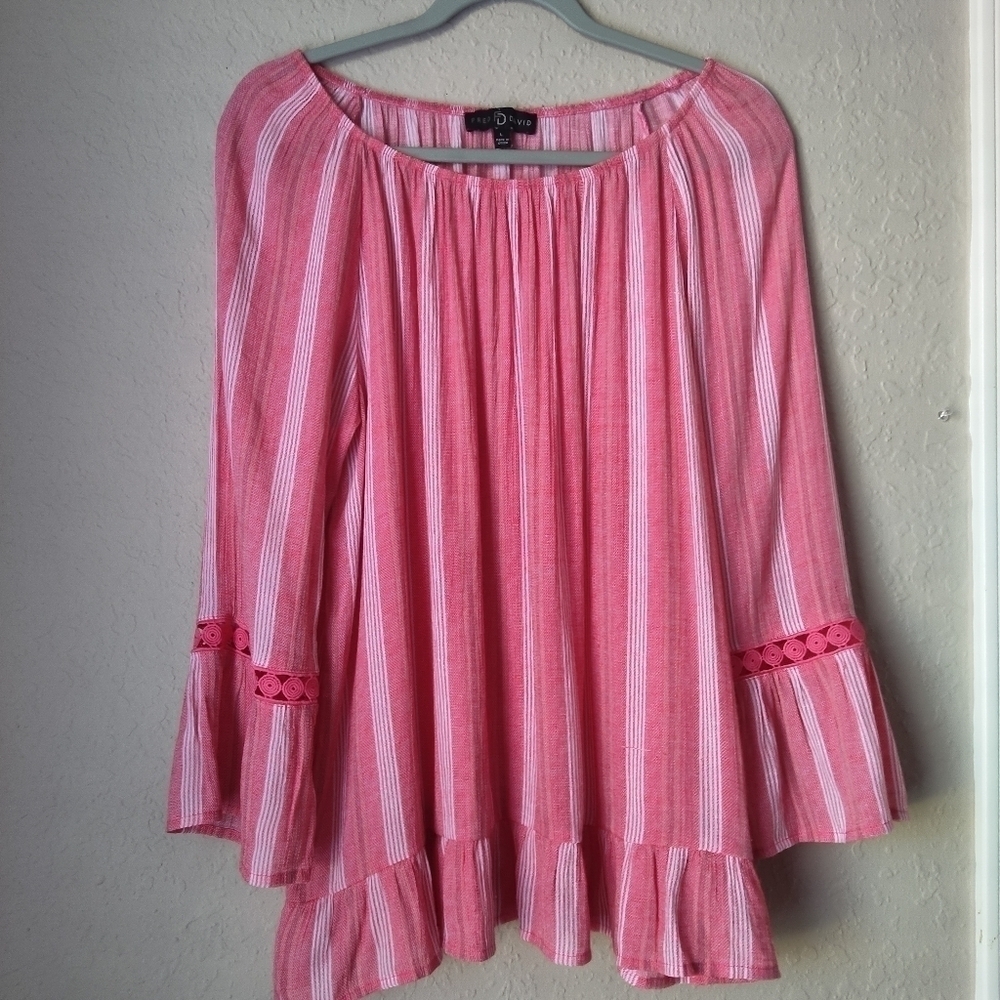 Fred David Pink Blouse Top vertical white lines size L
